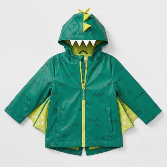 Cat & Jack Other - Cat & Jack Dinosaur Raincoat Green 3D Spikes Wings Hooded Jacket 18M